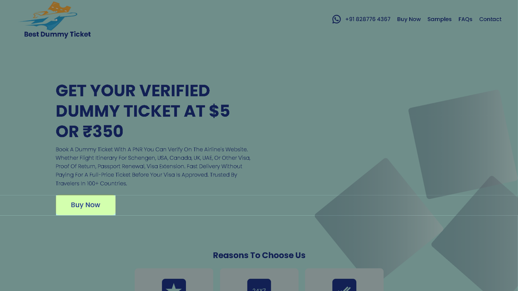 Best Dummy Ticket homepage with the Buy Now button