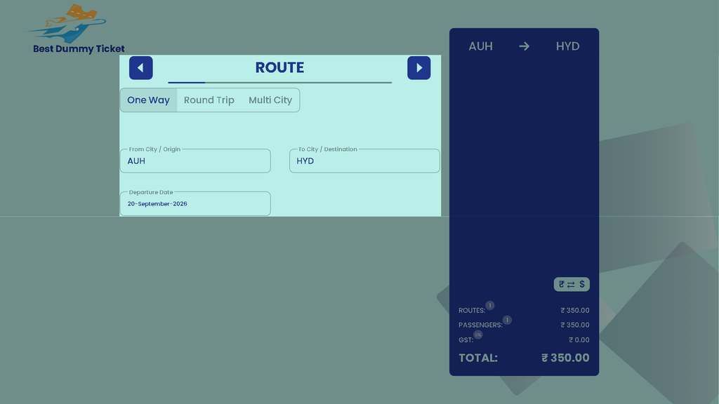 Dummy ticket booking form showing route, destination, and departure date fields