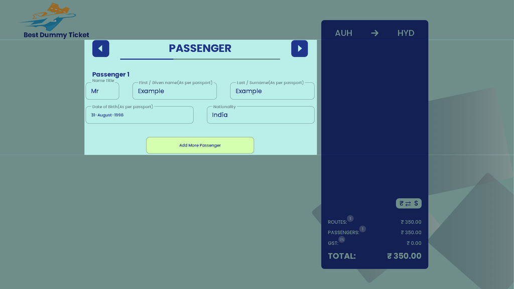 Dummy ticket booking form showing passenger name, date of birth, and nationality fields