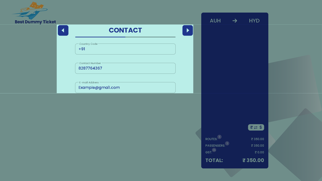 Dummy ticket booking form showing contact number and email address fields