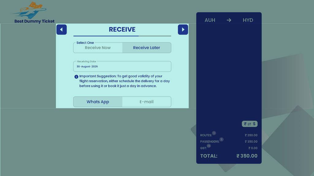 Dummy ticket booking page showing Receive Now and Receive Later options