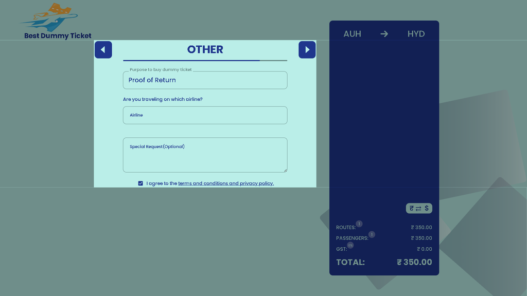 Dummy ticket booking form showing reservation purpose and special request fields