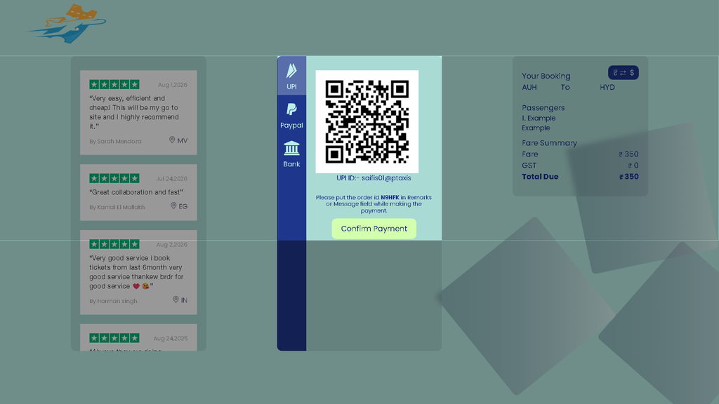 Dummy ticket checkout page showing payment options, booking summary, and total amount